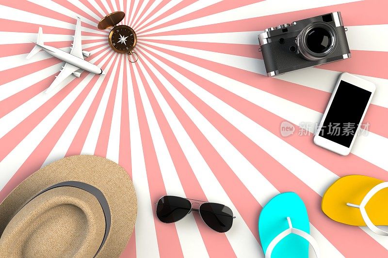 Top view of Traveler’s accessories on striped red background, Essential vacation items, Travel concept, 3D渲染